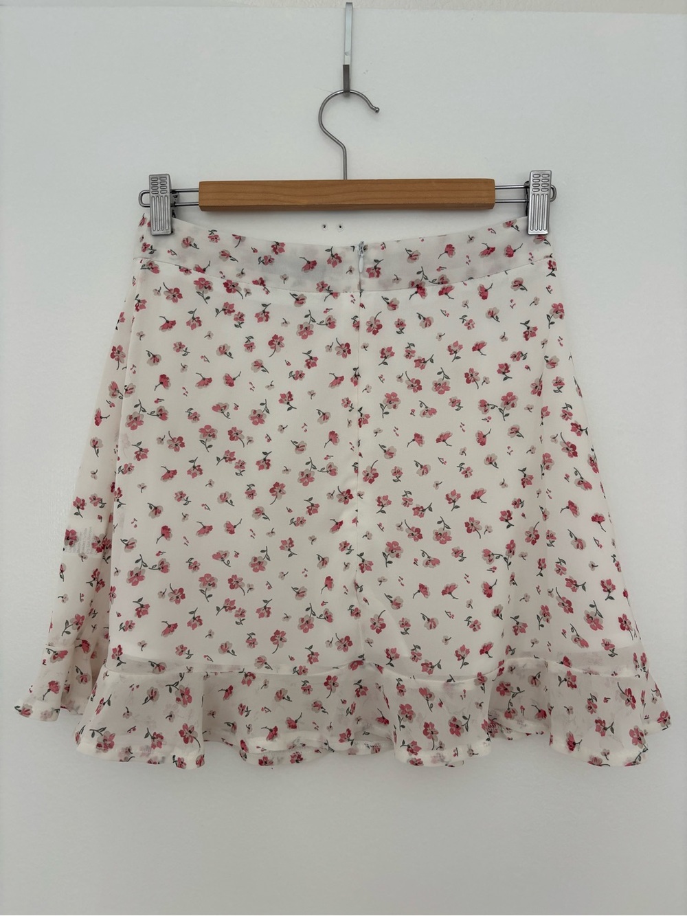 Floral Ruffle Hem Skirt - White with Pink Floral | Cottagecore Coquette Summer S - Picture 4 of 8